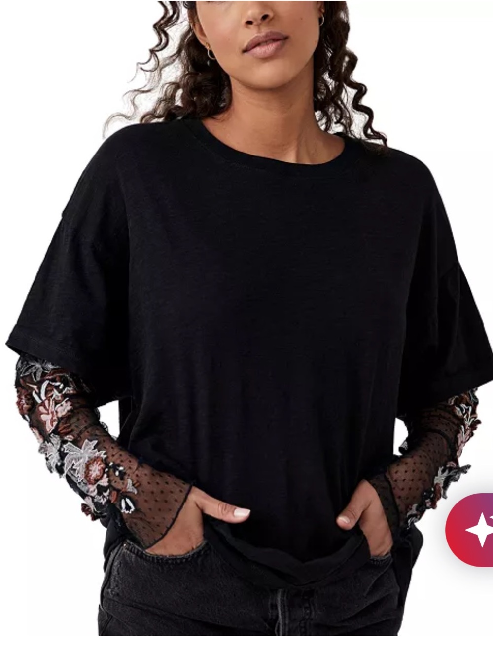 Free People Gardener Tee Black Embroidered Mesh Sleeve Top Medium